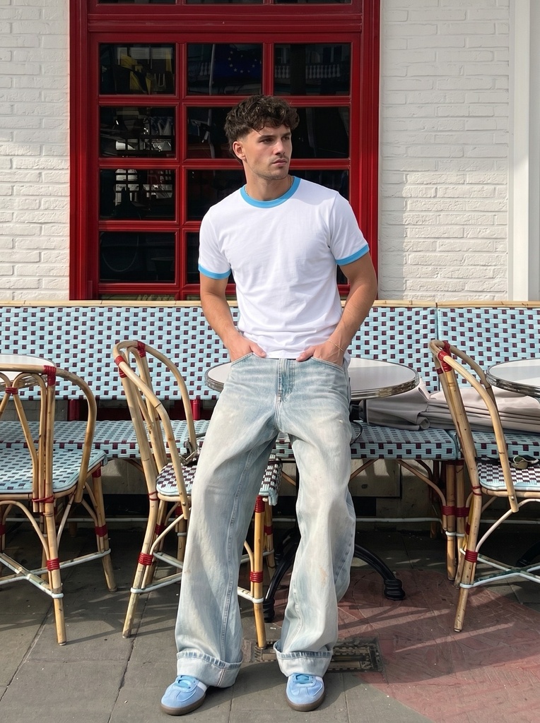 White & Sky Blue Ringer tee (S)
