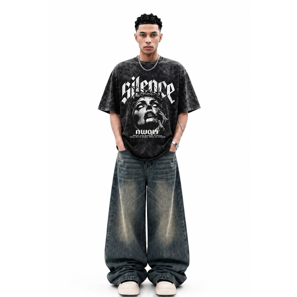 Silence Graphic Acid wash Oversized T-Shirt (S)