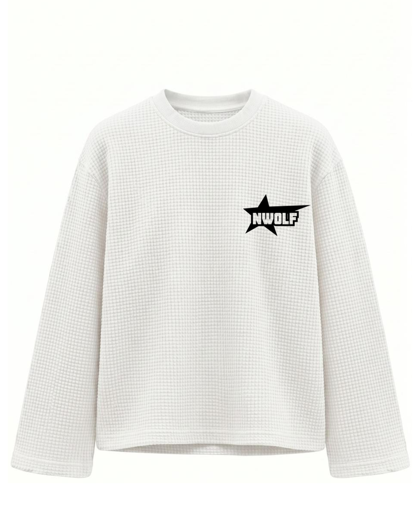 White Oversized waffle knit Full Sleeve Cropped Tee (S)