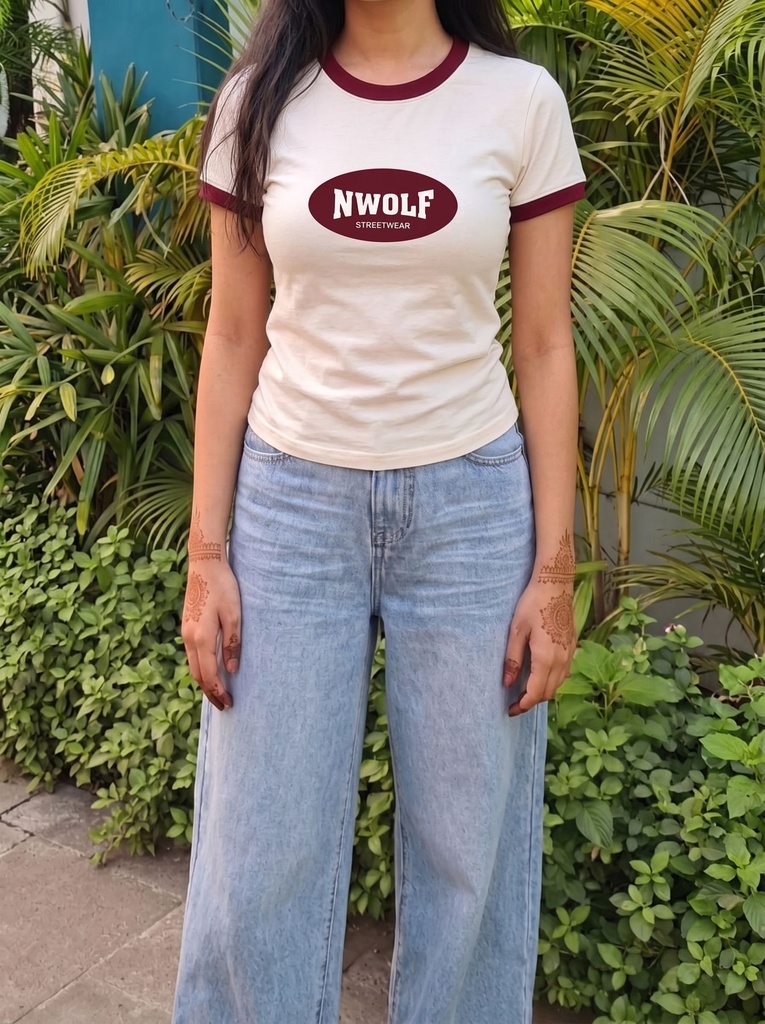 Off White & Maroon Ringer tee size