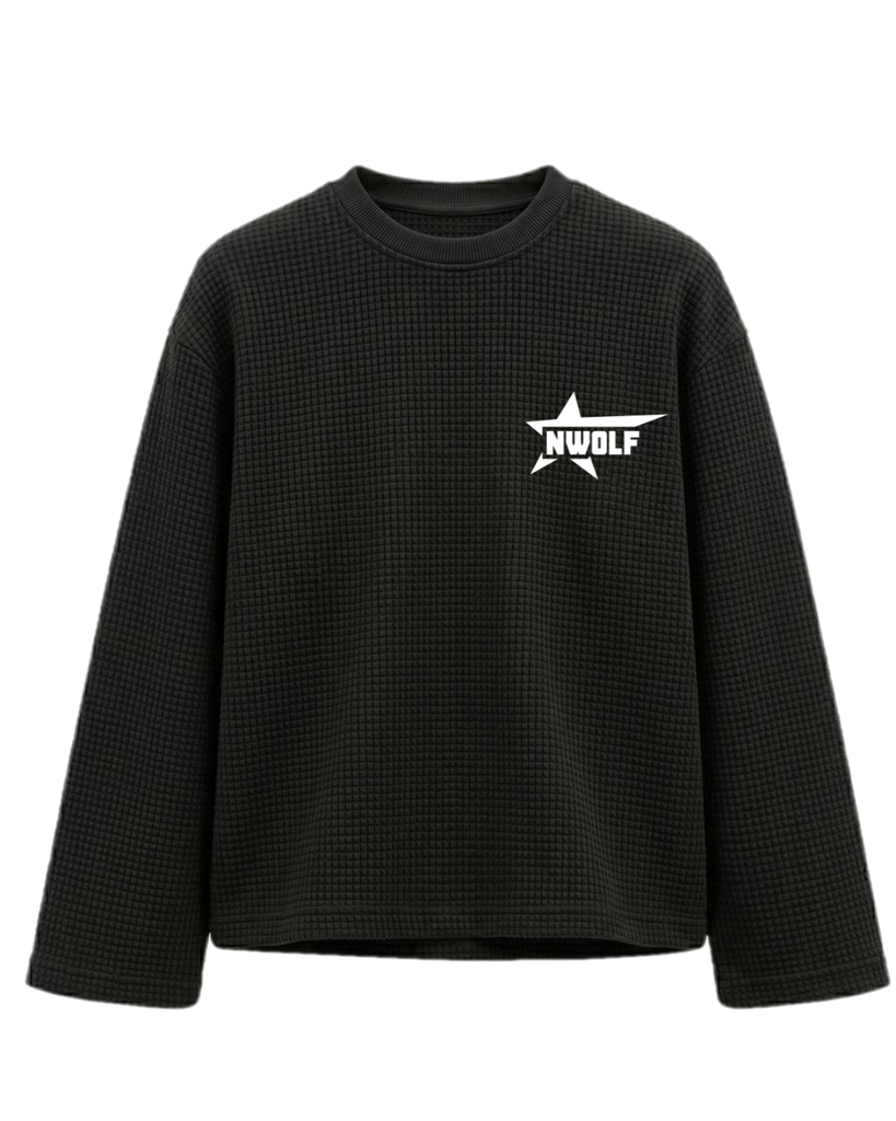 Black Oversized waffle knit Full Sleeve Cropped Tee (S)